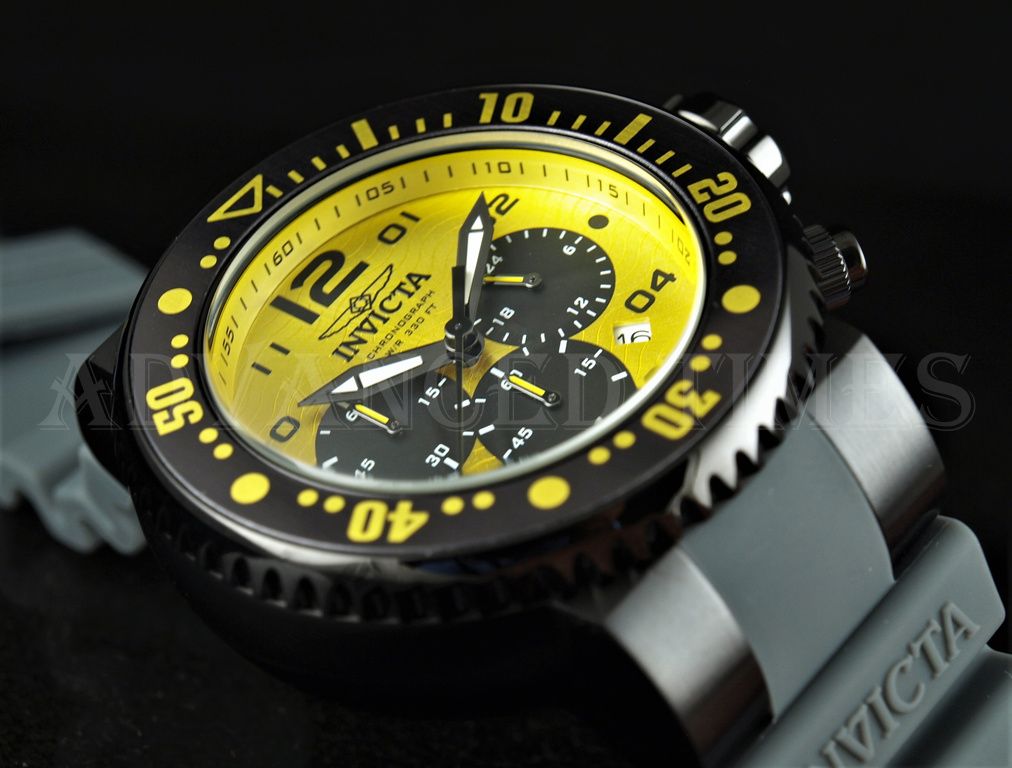 Invicta 52mm Pro Diver Chronograph YELLOW Dial Black IP Case Grey Strap